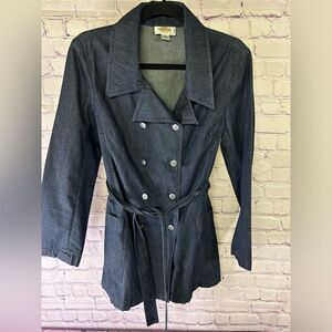 Talbots Retro Academia Classic Double Breasted Belted Denim Trench Coat Size 8P